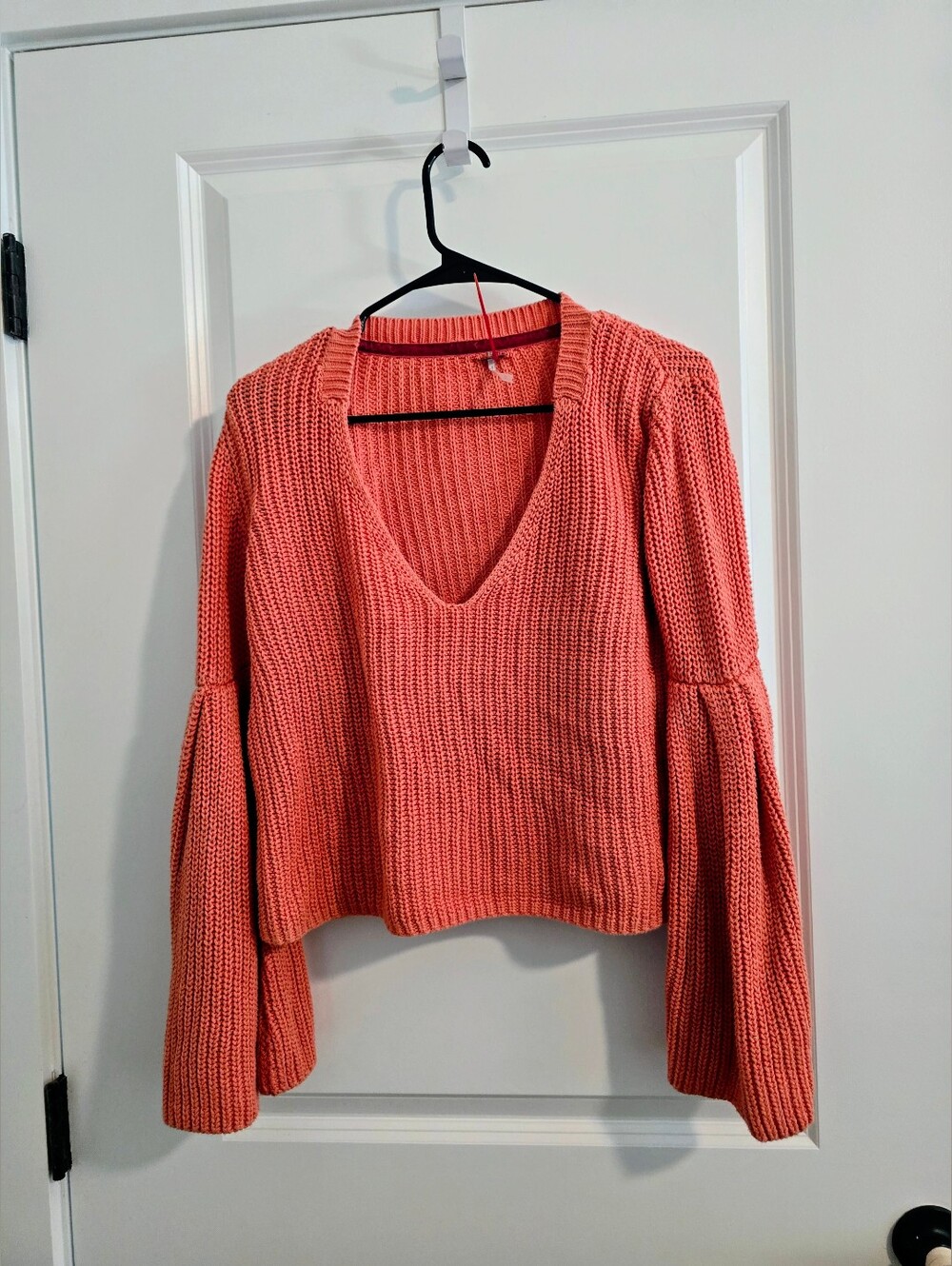 Free People V-Neck Bell Sleeve Knit Sweater - Coral Color XS